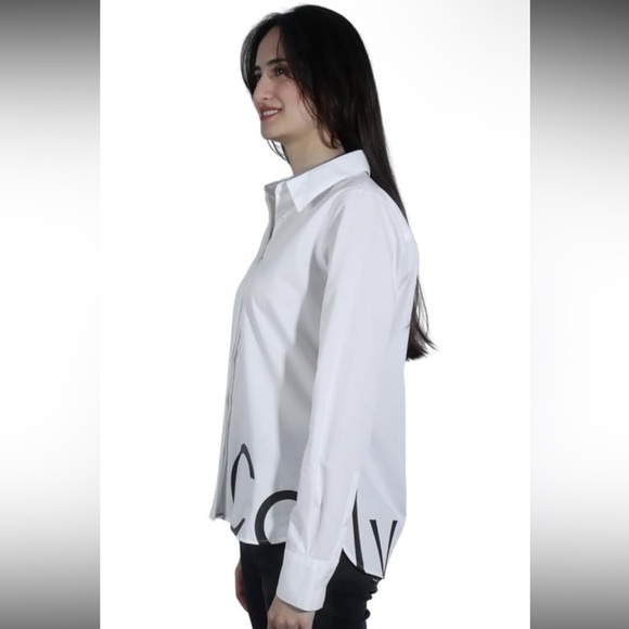 NWT Calvin Klein Sz Lrg Women’s Logo Trim Long Sleeve Cotton Button-down Top $89 - Picture 2 of 12